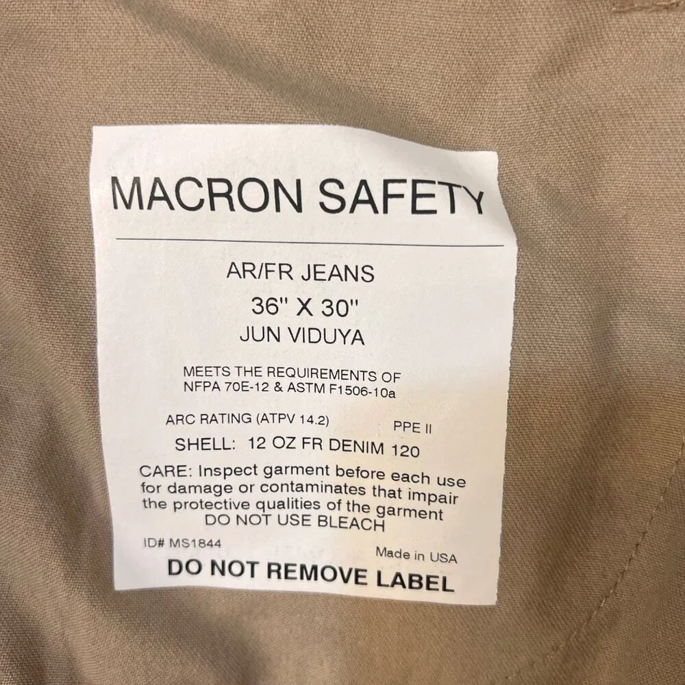AR/FR Macron Safety 12 Oz Denim Jeans 36 X 30 OSHA COMP Flame Resistant Made USA